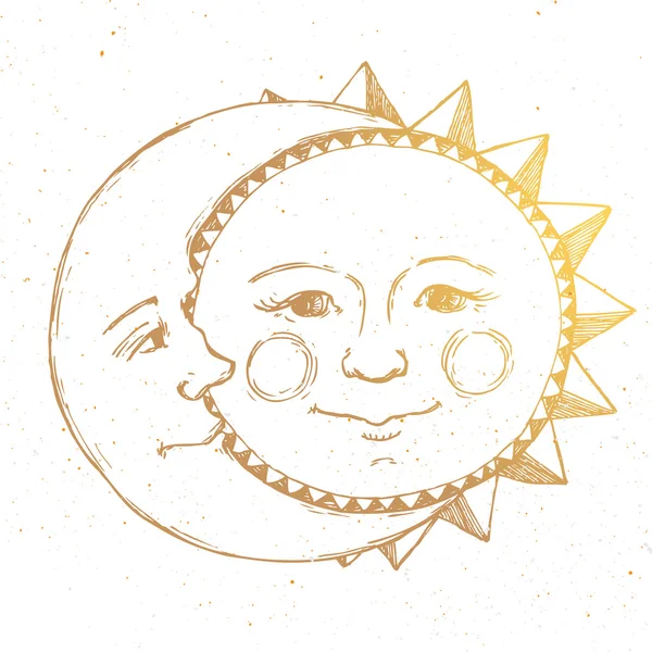 Sole disegnato a mano con luna — Vettoriale Stock