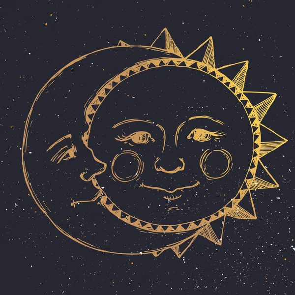 Sole disegnato a mano con luna — Vettoriale Stock