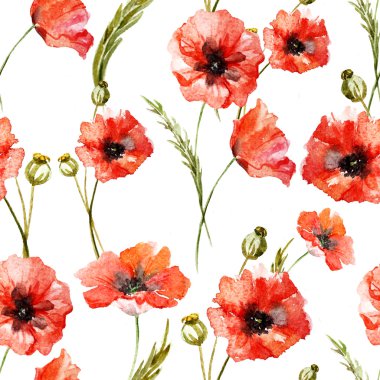 Suluboya haşhaş çiçek deseni