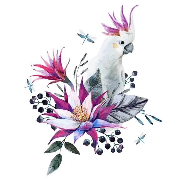 Watercolor tropical composition with white parrot — Stock Vector