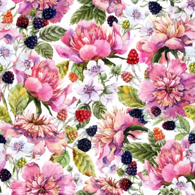 Suluboya Şakayık ve berry desen