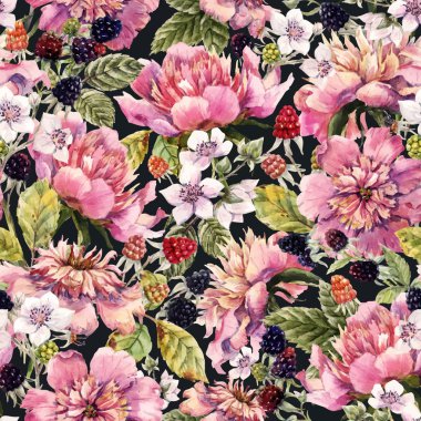 Suluboya Şakayık ve berry desen