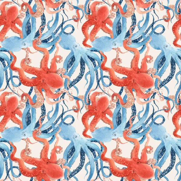Piękny bezszwowy podwodny wzór z akwarelowym czerwonym i niebieskim ośmiornicą. Ilustracja. — Zdjęcie stockowe