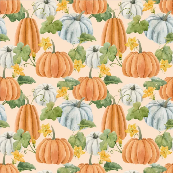 Beautiful autumn vector seamless pattern with watercolor pumpkin vegetables, leaves and flowers. Иллюстрация. — стоковый вектор