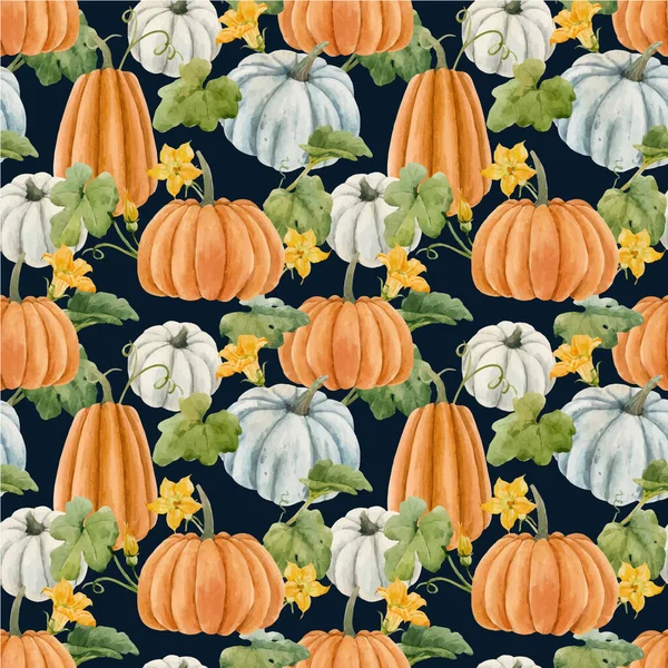 Beautiful autumn vector seamless pattern with watercolor pumpkin vegetables, leaves and flowers . Stock illustration. — Stock Vector
