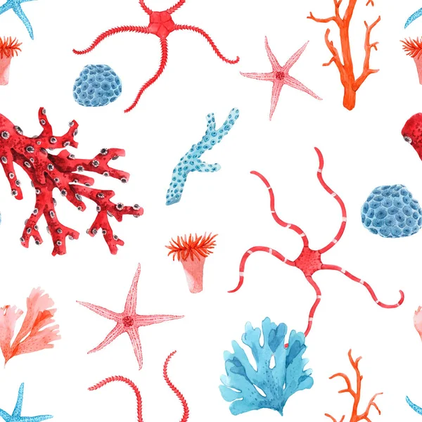 Beautiful seamless underwater pattern with watercolor starfish and corals. Stock illustration. — Stock Photo, Image