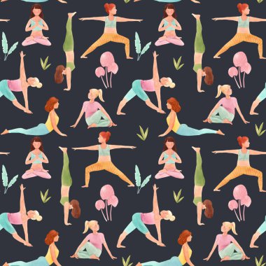 Tatlı yoga kızlarının suluboya desenleri çok güzel. Stok illüstrasyonu.