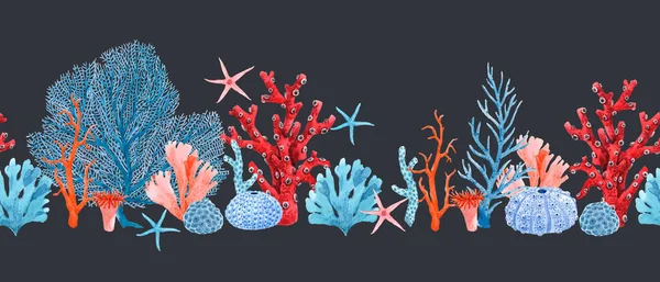 Hermoso patrón submarino horizontal sin costuras con estrellas de mar acuarela y corales. Ilustración general. — Foto de Stock