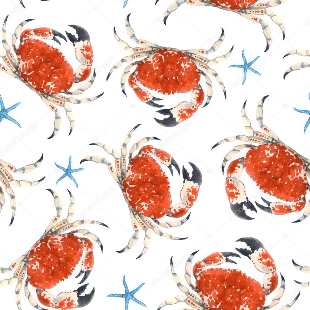 Beautiful seamless underwater pattern with watercolor red crabs and starfish. Stock illustration.