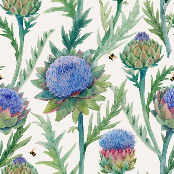 Belo vetor padrão floral sem costura com aquarela flores de alcachofra de flor azul suave. Ilustração das existências. —  Vetores de Stock
