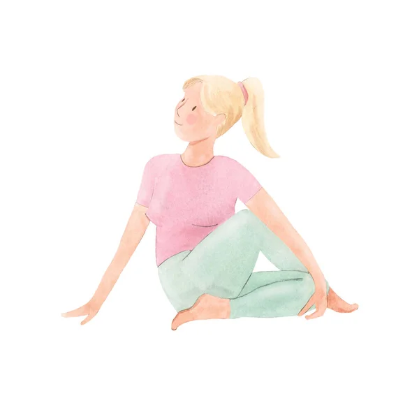 Piękna ilustracja akcji z akwarelą cute dziewczyna jogi. — Zdjęcie stockowe