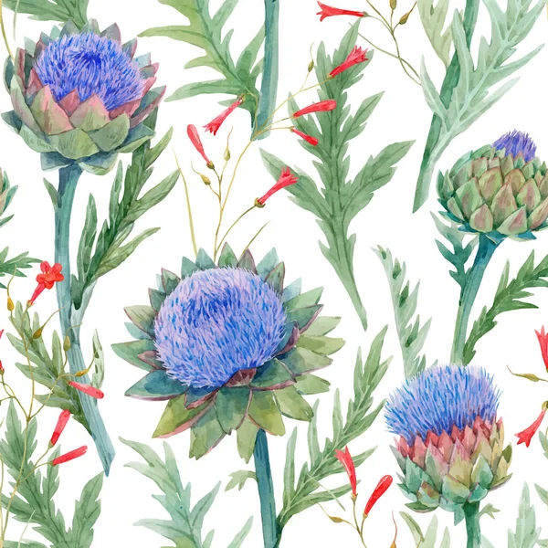 Bellissimo modello floreale vettoriale senza soluzione di continuità con acquerello delicato fiori di carciofo blu fioritura. Illustrazione delle scorte. — Vettoriale Stock