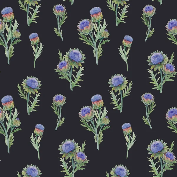 Beau motif floral vectoriel sans couture avec aquarelle fleurs d'artichaut bleu doux floraison. Illustration de stock. — Image vectorielle