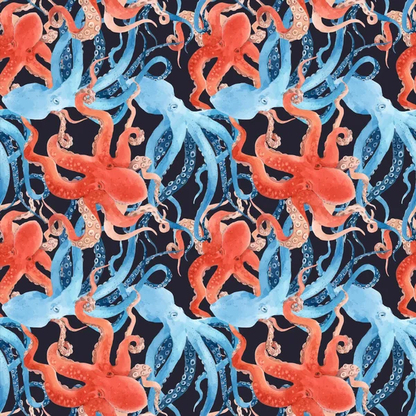 Belo vetor sem costura padrão subaquático com aguarela polvo vermelho e azul. Ilustração das existências. — Vetor de Stock