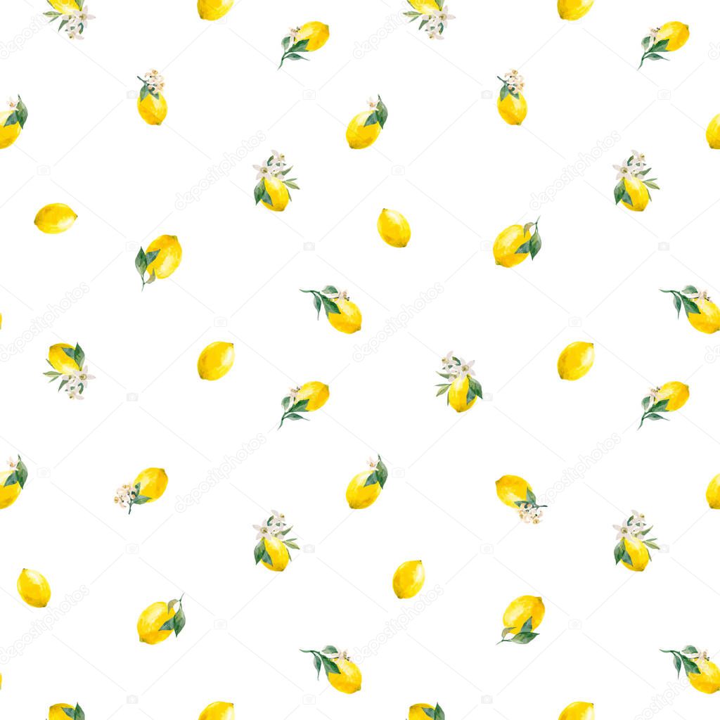 Beautiful vector seamless pattern with watercolor yellow lemon fruits, leaves and flowers. Stock illustrations,.