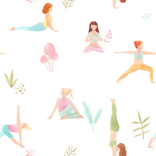 Schöne nahtlose Muster mit Aquarell niedlichen Yoga-Mädchen. Archivbild. — Stockfoto