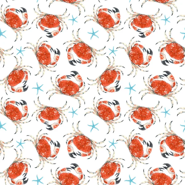 Beautiful seamless underwater pattern with watercolor red crabs and starfish. Stock illustration. — Stock Photo, Image