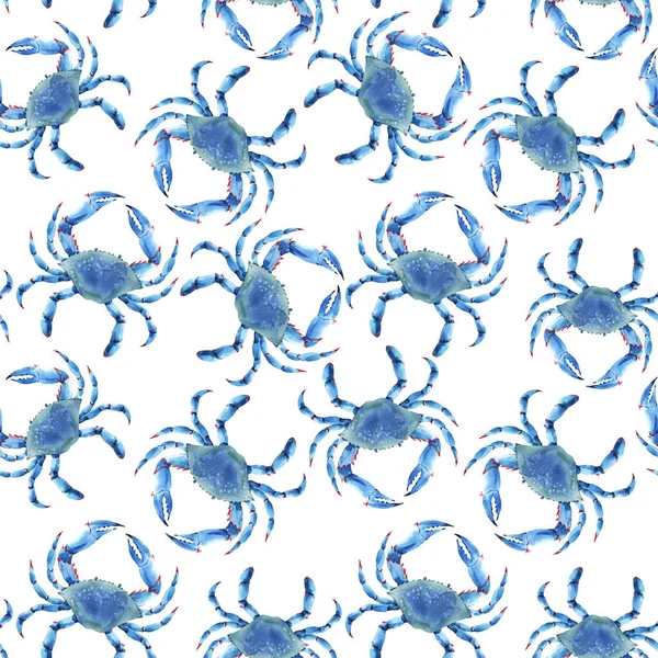Όμορφη απρόσκοπτη υποβρύχια μοτίβο με υδατογραφία μπλε καβούρια. Εικονογράφηση αποθέματος. — Φωτογραφία Αρχείου