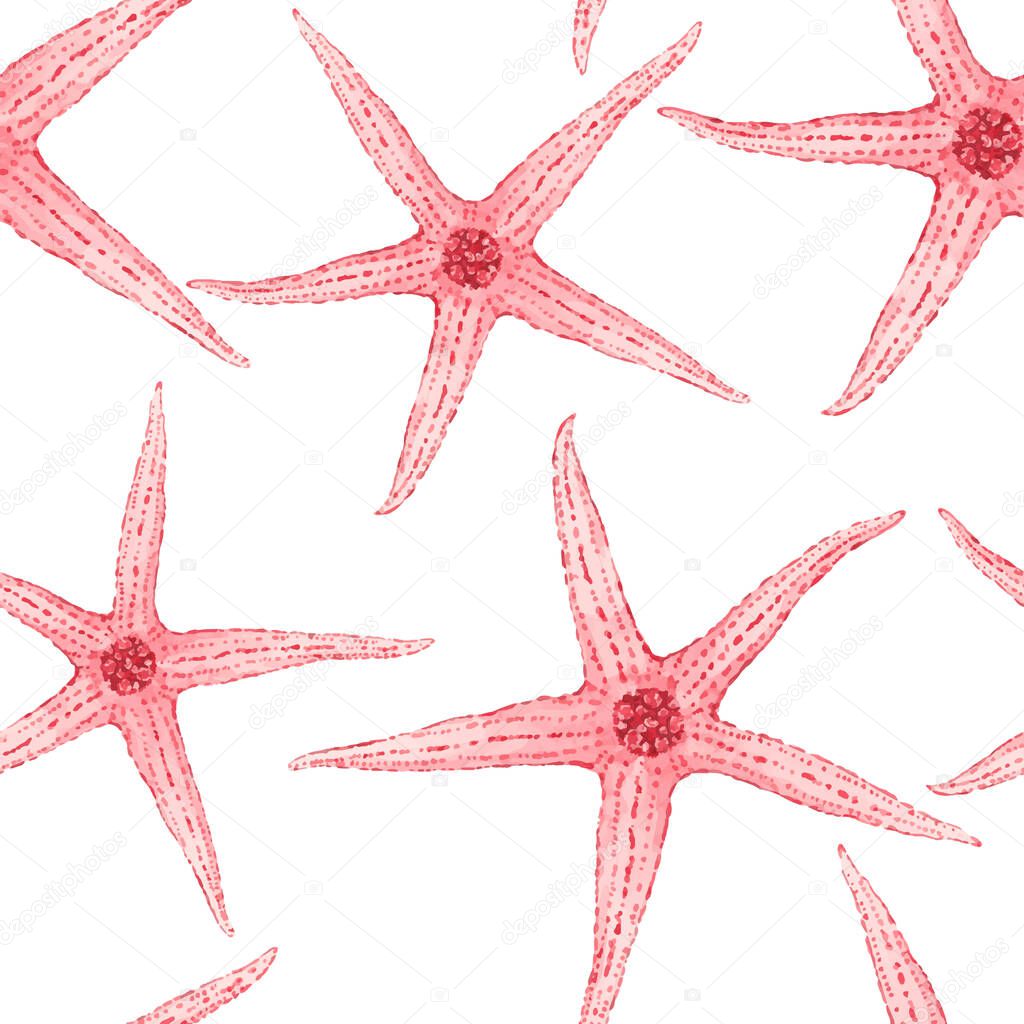 Beautiful vector seamless underwater pattern with watercolor starfish. Stock illustration.