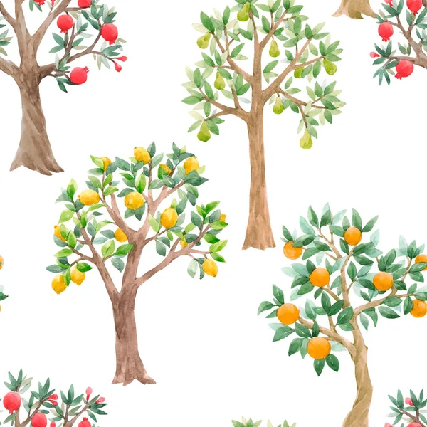 Beautiful seamless pattern with cute watercolor fruit trees. Stock orchard illustration. — Stock Photo, Image