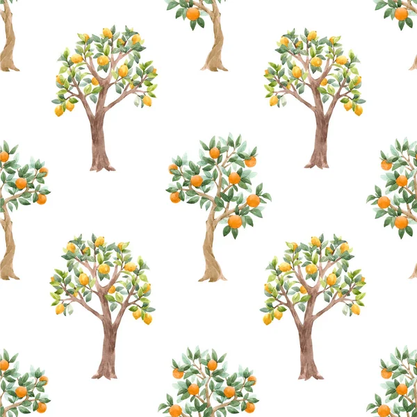 Beautiful seamless pattern with cute watercolor fruit trees. Stock orchard illustration. — Stock Photo, Image