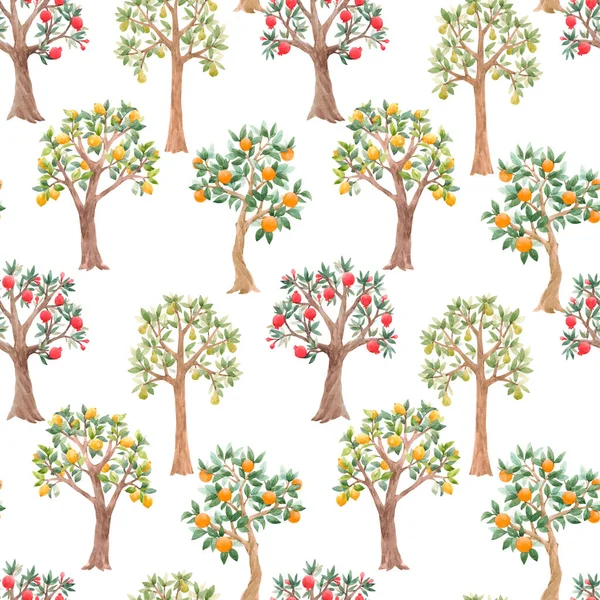 Beautiful seamless pattern with cute watercolor fruit trees. Stock orchard illustration. — Stock Photo, Image