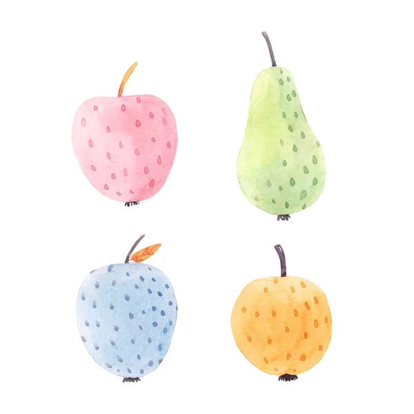 Bel ensemble avec de jolis fruits abstraits aquarelle pomme et poire. Illustration de stock. — Photo