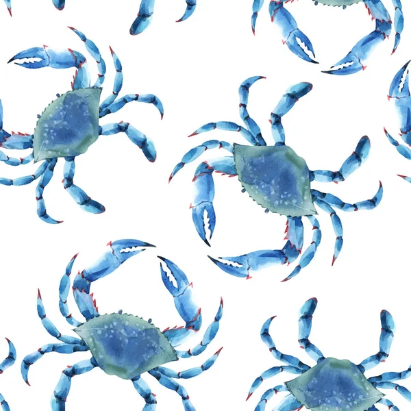 Vacker vektor sömlös undervattensmönster med akvarell blå krabbor. Lagerillustration. — Stock vektor