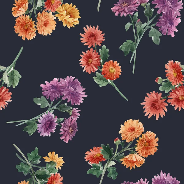 Schöne nahtlose Blumenmuster mit Aquarell sanft blühenden Chrysanthemenblüten. Archivbild. — Stockfoto