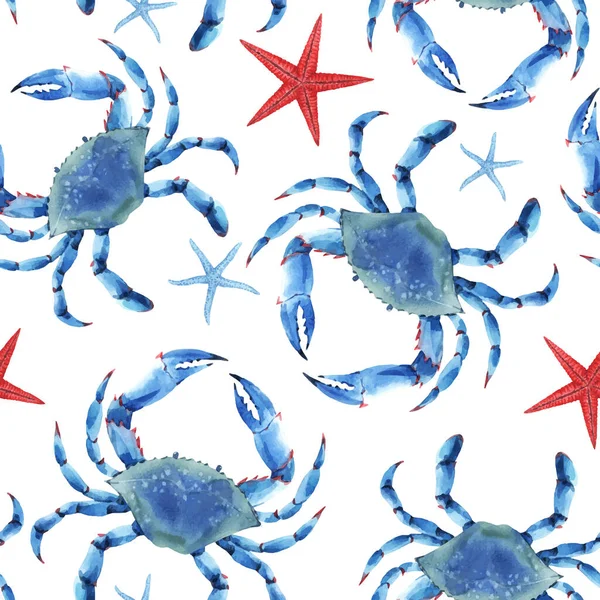 Beautiful vector seamless underwater pattern with watercolor blue crabs and starfish. Stock illustration. — Stock Vector