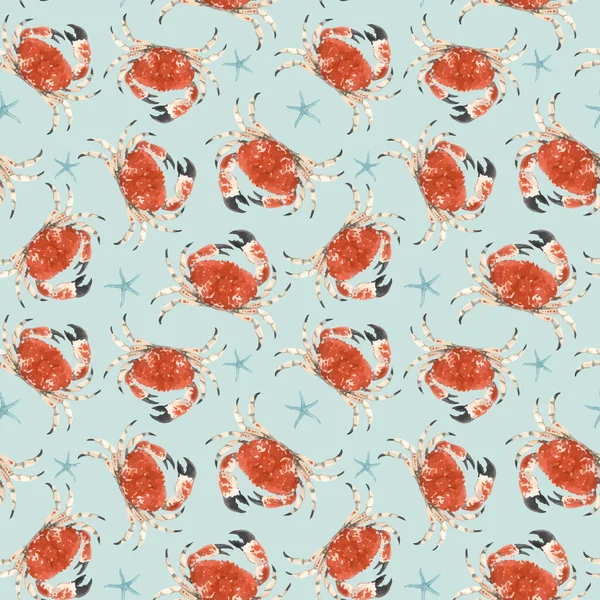 Beautiful vector seamless underwater pattern with watercolor red crabs and starfish. Stock illustration. — Stock Vector