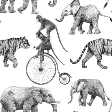 Şirin el yapımı safari zürafası fil kaplan gergedan hayvan çizimleri ile kusursuz desenli güzel bir desen..