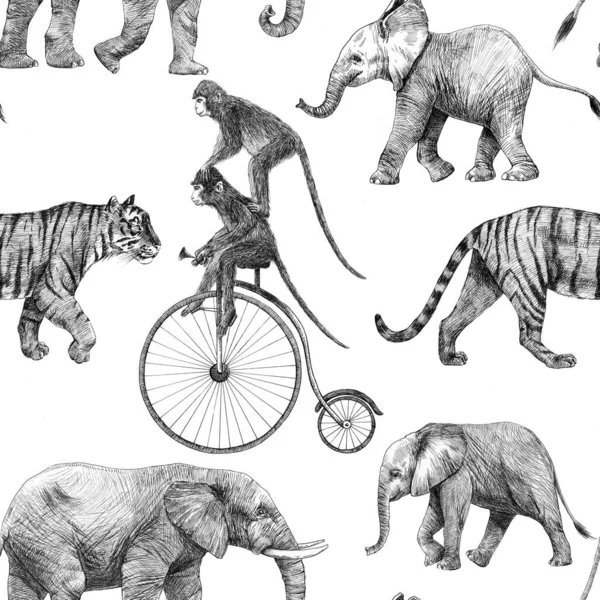 귀여운 손으로 그린 사파리 기린 코끼리 호랑이 원숭이 코뿔소 연필 삽화가 있는 아름다운 몸통없는 무늬. — 스톡 사진