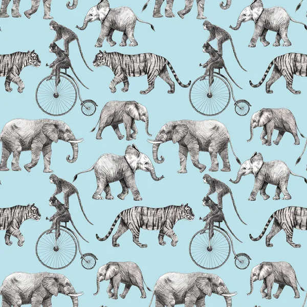 Vacker stock sömlös mönster med söta handritade safari giraff elefant tiger apa noshörning penna illustrationer. — Stockfoto