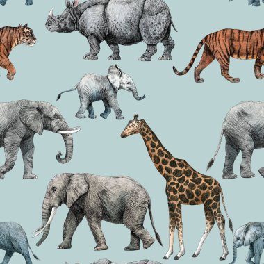 Şirin el yapımı safari zürafası fil kaplan gergedan hayvan çizimleri ile kusursuz desenli güzel bir desen..
