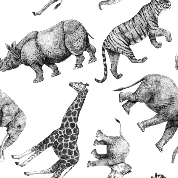귀여운 손으로 그린 사파리 기린 코끼리 호랑이 원숭이 코뿔소 연필 삽화가 있는 아름다운 몸통없는 무늬. — 스톡 사진