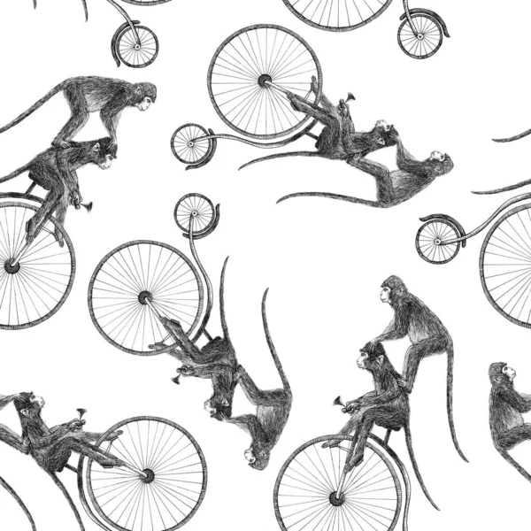 Gyönyörű állomány zökkenőmentes minta aranyos kézzel rajzolt majom kerékpár ceruza illusztrációk. — Stock Fotó
