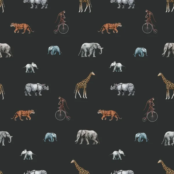 Krásný stock bezešvé vzor s roztomilé ručně kreslené safari žirafa slon tygr opice nosorožec tužka ilustrace. — Stock fotografie