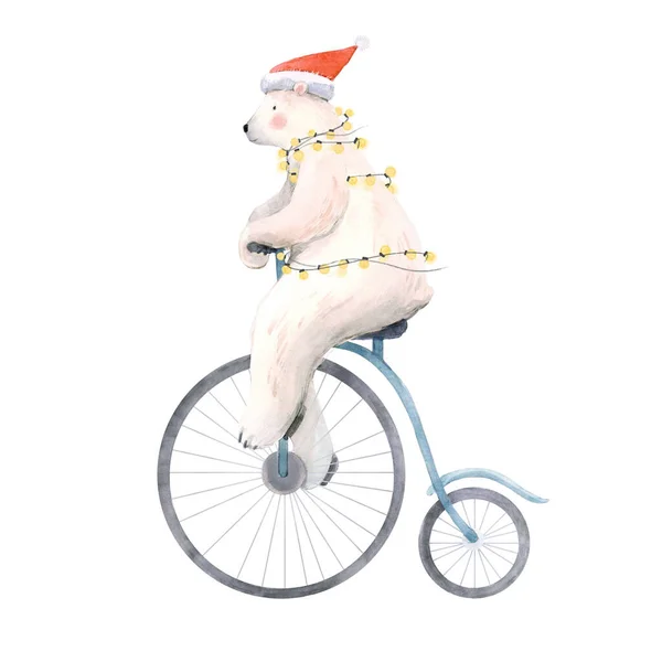 Красивая рождественская иллюстрация с нарисованным вручную акварелью милый белый медведь на велосипеде. — стоковое фото