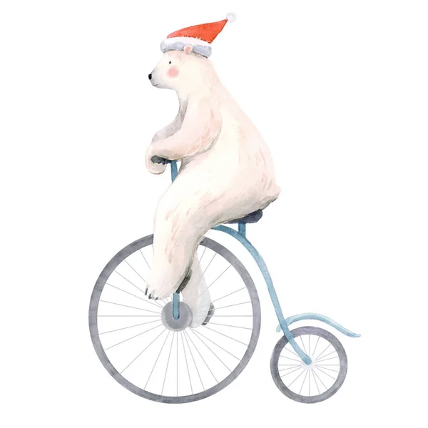 Hermosa ilustración de stock de Navidad con acuarela dibujada a mano lindo oso polar en bicicleta. — Foto de Stock