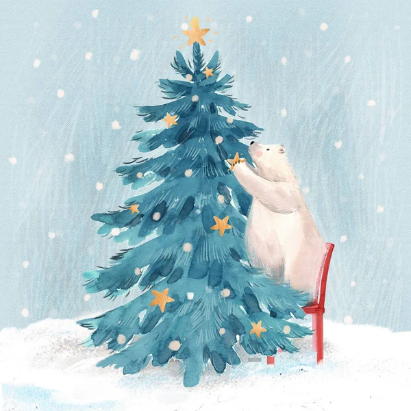 Piękne Christmas stock ilustracja z ręcznie rysowane akwarela cute niedźwiedź polarny i jodła. — Zdjęcie stockowe