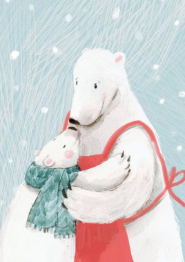 Elle çizilmiş suluboya şirin kutup ayısı ailesiyle güzel bir Noel stoku çizimi. Anne ve çocuk..