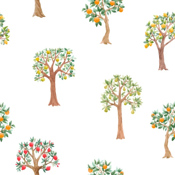 かわいい水彩フルーツの木と美しいベクトルシームレスパターン。ストック果樹園のイラスト. — ストックベクタ