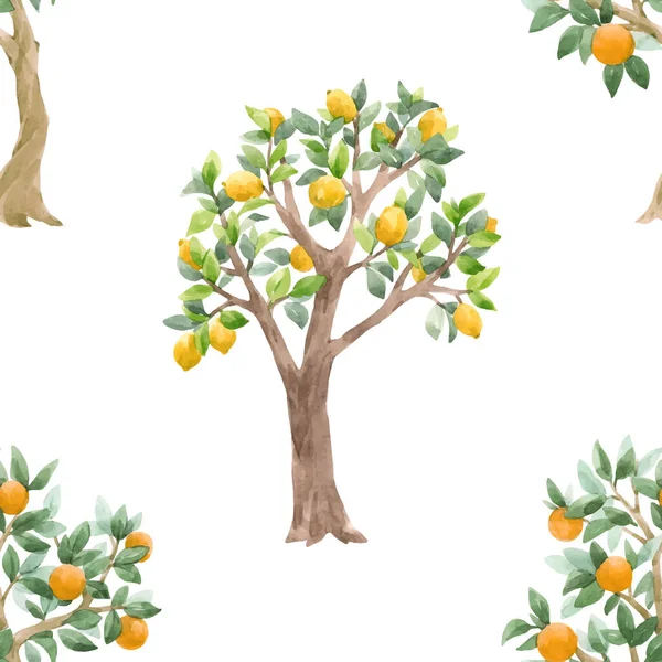 Beautiful vector seamless pattern with cute watercolor fruit trees. Stock orchard illustration. — Vettoriale Stock