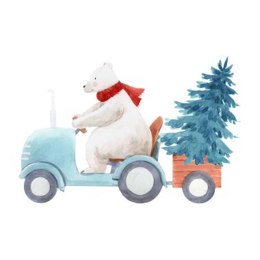 Elle çizilmiş güzel noel resmi traktör ve köknar ağacında şirin bir kutup ayısı..