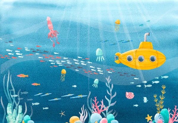 Красивая иллюстрация акварелью подводной жизни и желтыми пейзажами подводных лодок. — стоковое фото