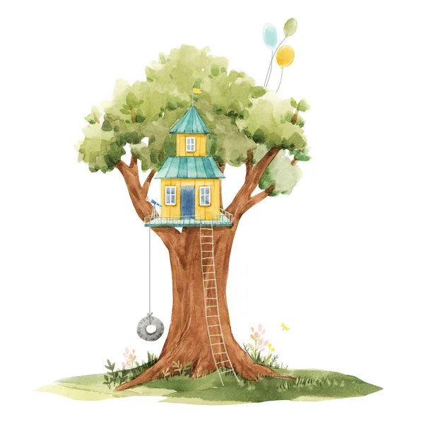 Hermosa ilustración de stock con linda casa de árbol de acuarela para niños. — Foto de Stock