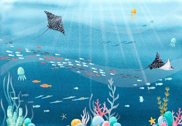 Красивая иллюстрация акварелью подводных пейзажей морской жизни. — стоковое фото