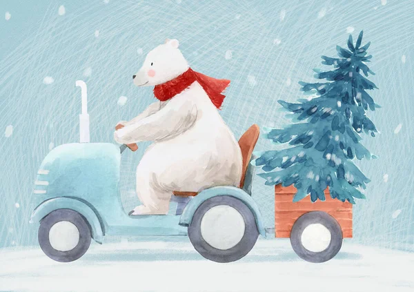 Belle illustration de Noël avec aquarelle dessinée à la main ours polaire mignon sur tracteur et sapin. — Photo