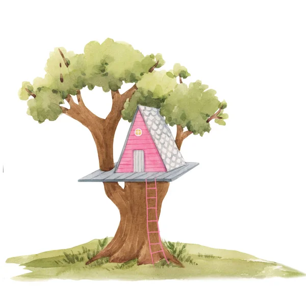Hermosa ilustración de stock con linda casa de árbol de acuarela para niños. — Foto de Stock